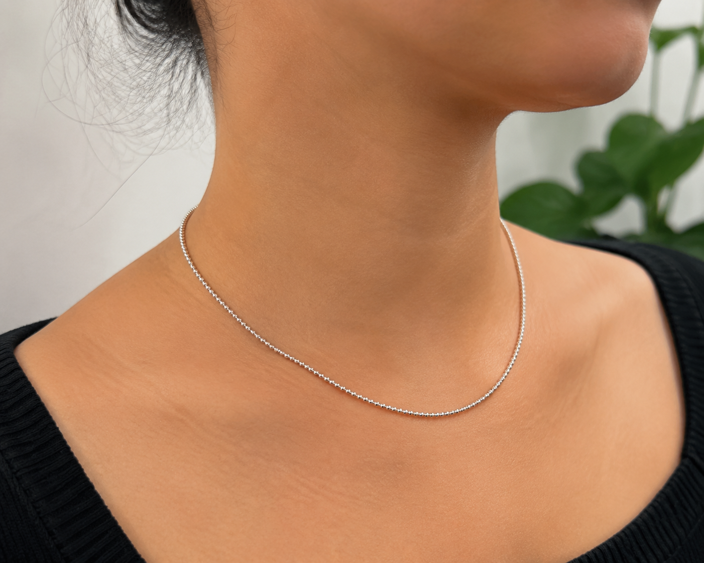 Thin Bead chain in Silver, close-up on skin