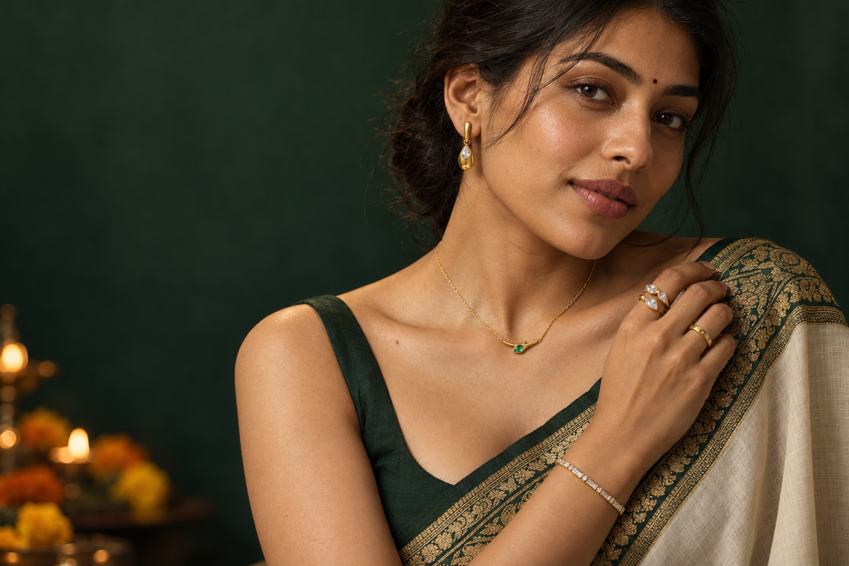 Indian woman in an ivory and deep green sari wearing the XVXII Viper Chain, Alba Earrings, Facet Bracelet and rings