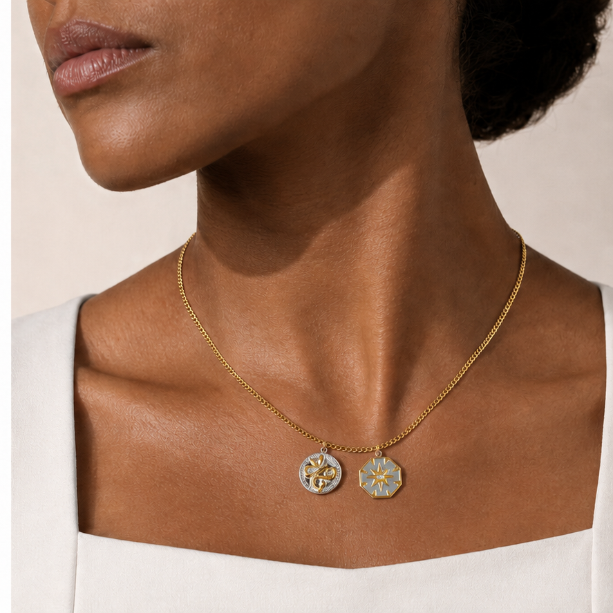 Flat Cuban Chain in Gold styled with two medallion charms on a model