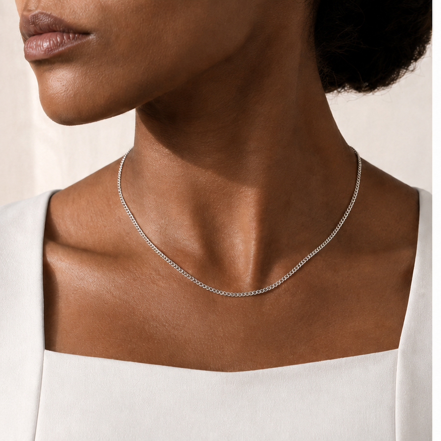 Flat Cuban Chain in Silver worn in a close-up model view