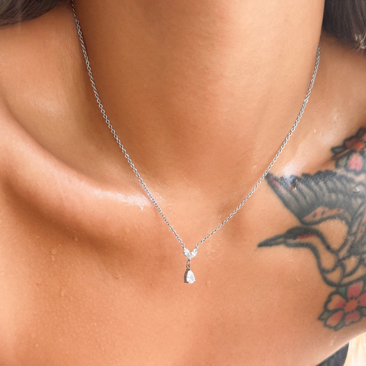 Halo Drop Chain in silver worn close-up