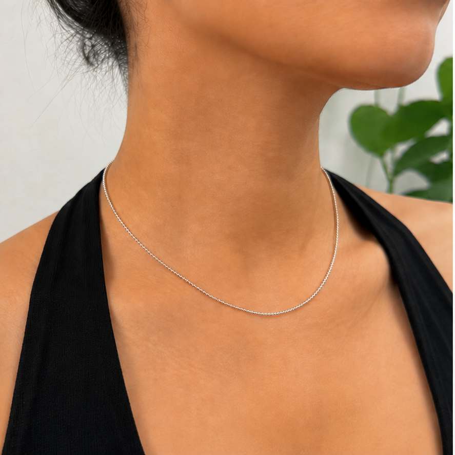 Thin Bead Chain in Silver worn in a close-up model view