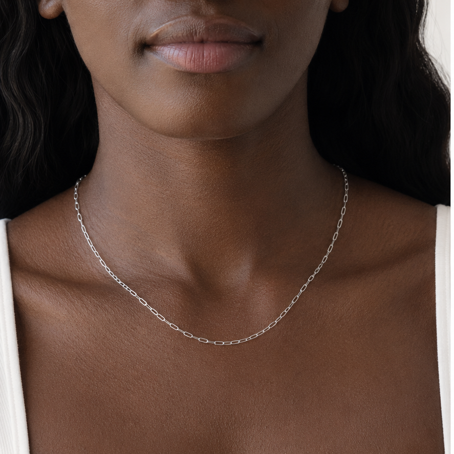 Thin Link Chain in Silver worn in a close-up model view