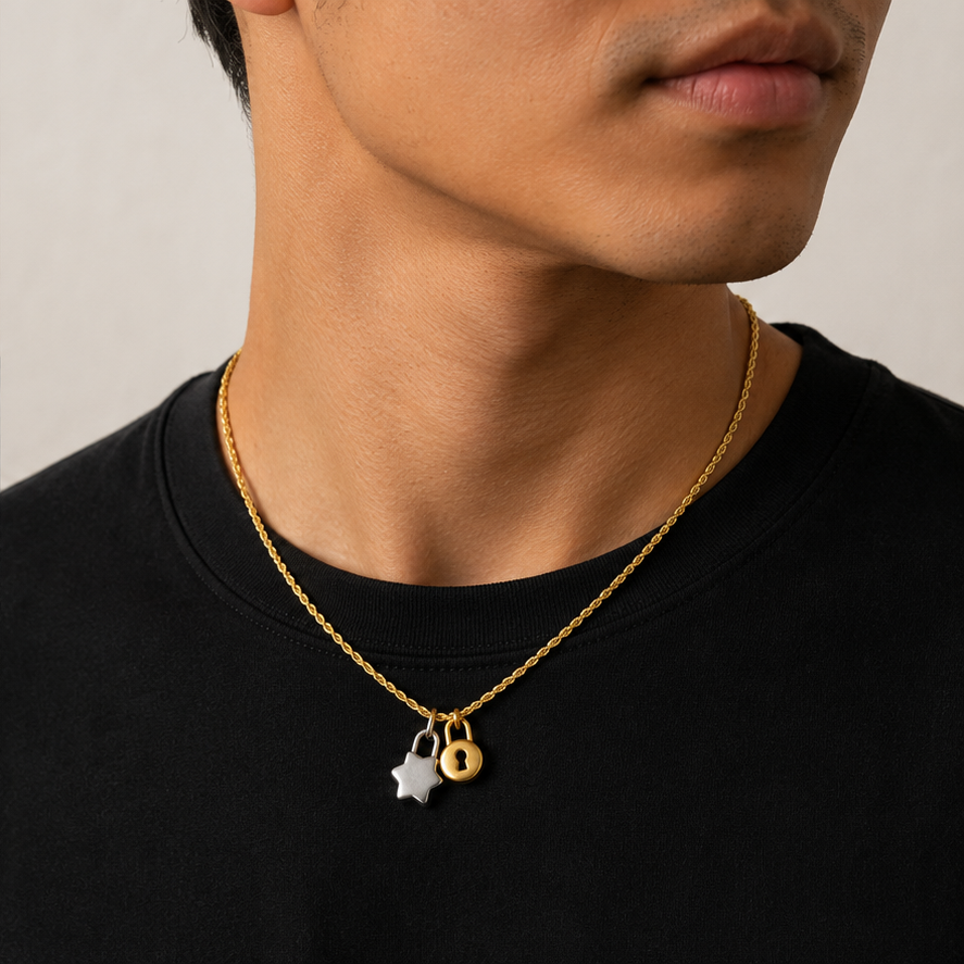 Thin Rope Chain in Gold styled with two lock charms on a model