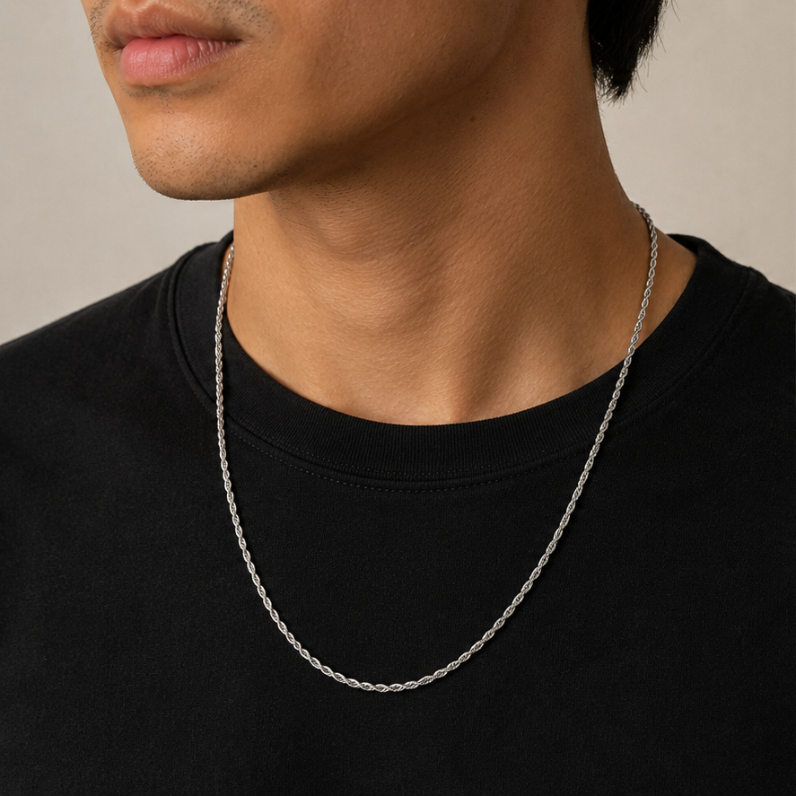Thin Rope Chain in Silver worn in a close-up model view