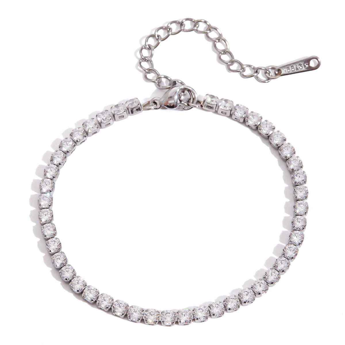 Thin Tennis Bracelet in silver on white