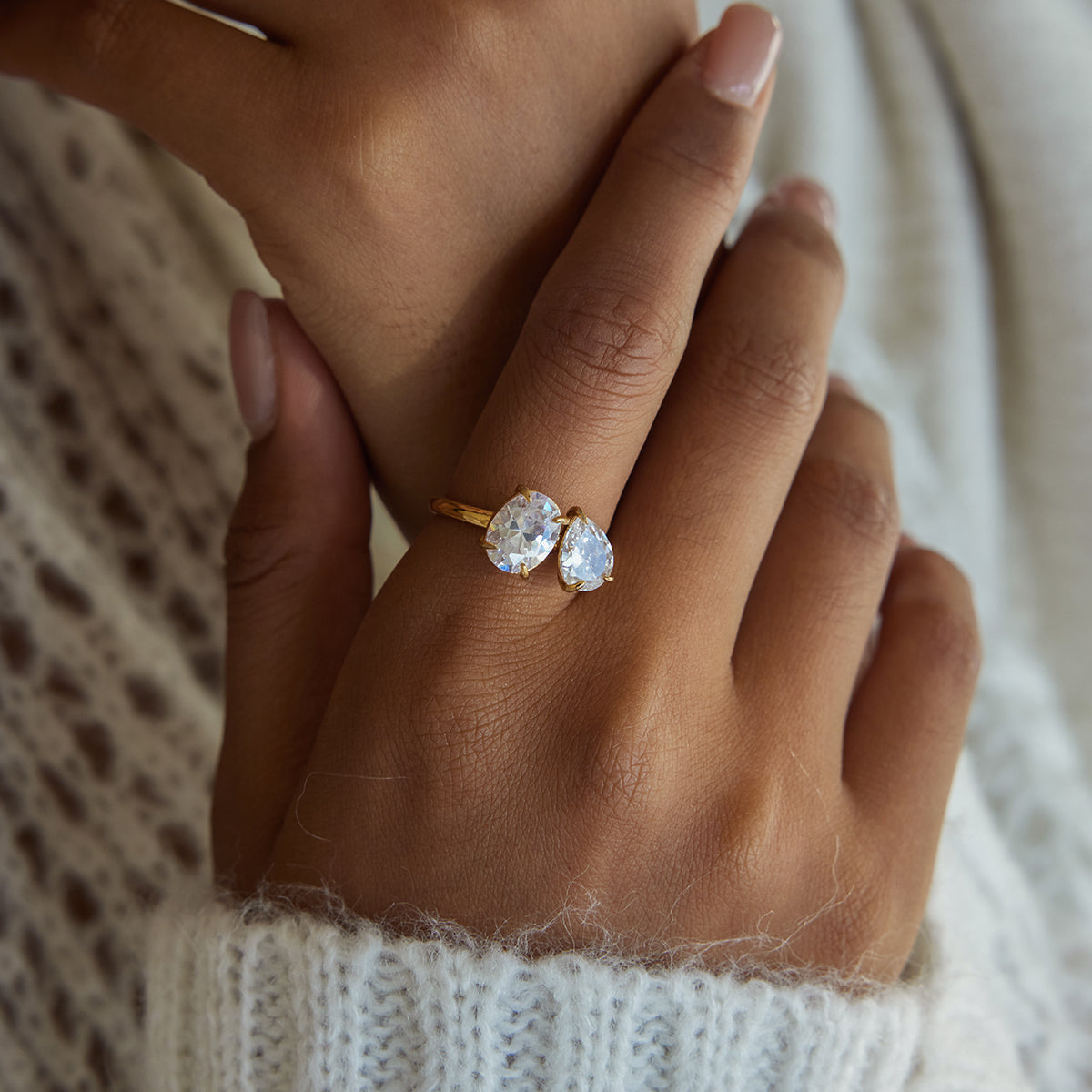 Twin Star Ring in gold styled on hand