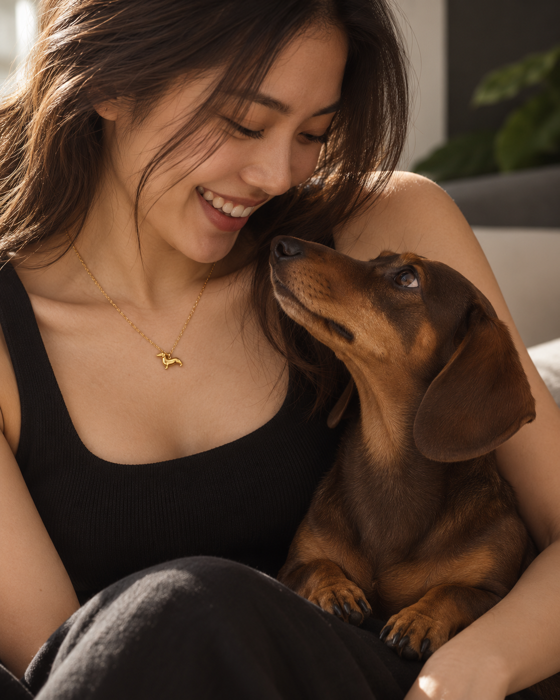 Woman wearing the XVXII Doxie Chain while cuddling a dachshund